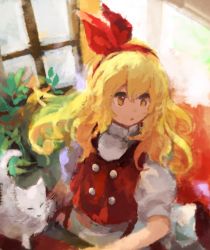 Rule 34 | 1girl, :o, animal, blonde hair, buttons, cat, commentary request, curly hair, ellen (touhou), eyebrows hidden by hair, flat chest, hair between eyes, hair ribbon, hairband, highres, indoors, kaigen 1025, long hair, looking to the side, plant, puffy short sleeves, puffy sleeves, red hairband, red ribbon, red vest, ribbon, shirt, short sleeves, sitting, solo, table, touhou, touhou (pc-98), turtleneck, upper body, vest, wavy hair, white cat, white shirt, window, yellow eyes