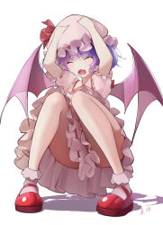 Rule 34 | 1girl, absurdres, blue hair, blue skirt, charisma guard, closed eyes, clothes between thighs, convenient skirt, demon wings, dress, frilled dress, frills, highres, open mouth, pink dress, pink legwear, red footwear, remilia scarlet, shadow, short sleeves, simple background, skirt, solo, squatting, touhou, vampire, white background, wings, zhenli-mari