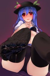 Rule 34 | 1girl, absurdres, black panties, black thighhighs, blouse, blue hair, bow, bow panties, cum, cum on body, cum on lower body, dot r, feet, foot focus, gradient background, hair between eyes, highres, hinanawi tenshi, looking at viewer, navel, no shoes, open clothes, open shirt, panties, perspective, purple background, red eyes, shirt, simple background, smile, soles, solo, suggestive fluid, thighhighs, thighs, toes, touhou, underwear, white shirt