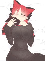 Rule 34 | 1girl, animal ears, blush, braid, cat ears, extra ears, half-closed eyes, kaenbyou rin, long hair, lying, mizuga, on back, on bed, pink eyes, pointy ears, red eyes, solo, touhou, twin braids, twintails, unfinished
