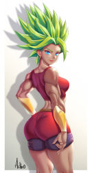 Rule 34 | 1girl, achromaru, ass, biceps, blonde hair, blue eyes, border, breasts, commentary, dragon ball, dragon ball super, earrings, english commentary, jewelry, kale (dragon ball), looking at viewer, looking back, medium breasts, midriff, muscular, muscular female, shadow, signature, solo, spiked hair, super saiyan, white border