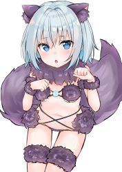 Rule 34 | 10s, 1girl, :o, absurdres, animal ears, bare shoulders, blue eyes, blue hair, blush, breasts, cosplay, detached collar, fate/grand order, fate (series), fur collar, hair intakes, hashiko nowoto, highres, looking at viewer, mash kyrielight, mash kyrielight (dangerous beast), mash kyrielight (dangerous beast) (cosplay), navel, official alternate costume, open mouth, paw pose, raised eyebrows, revealing clothes, ryuuou no oshigoto!, short hair, simple background, sitting, small breasts, snowflake print, solo, sora ginko, stomach, tail, tareme, thigh gap, underboob, white background, wolf ears, wolf tail, wristband
