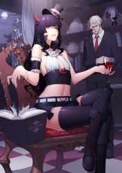 Rule 34 | 1boy, 1girl, absurdres, alcohol, arm garter, baymax, big hero 6, black footwear, black jacket, black pants, black skirt, blonde hair, blunt bangs, book, boots, breasts, butler, character doll, checkered floor, cloud, crop top, cross-laced footwear, crossed legs, crossover, cup, cupboard, cupping glass, demon horns, drinking glass, artistic error, facial hair, floating, formal, full moon, glowing, glowing eye, grimoire, hat, hat ribbon, hatsune miku, heart, high collar, highres, hime cut, horns, indoors, jacket, lace-up boots, levitation, long hair, looking at viewer, magic, midriff, mini hat, mini top hat, miniskirt, moon, mustache, necktie, neon genesis evangelion, night, night sky, open book, open window, original, pants, parted lips, purple hair, red eyes, red necktie, rekaerb maerd, ribbon, scar, scar across eye, scar on face, shelf, sitting, skirt, sky, sleeveless, small breasts, sneer, stained glass, suit, thighhighs, throne, top hat, vocaloid, window, wine, wine glass, wing collar, wrong foot