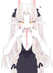 Rule 34 | 1girl, black bow, blush, bow, breasts, camisole, commentary request, finger in own mouth, forked tongue, grey hair, hair bow, hair ribbon, hands up, heart, horns, long hair, long tongue, original, orochi (yagi), parted bangs, pointy ears, ribbon, scales, short eyebrows, simple background, slit pupils, small breasts, smile, solo, thick eyebrows, tongue, tongue out, tress ribbon, twintails, upper body, white background, yagi (ningen), yellow eyes