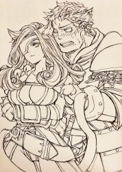 Rule 34 | 1boy, 1girl, adelbert steiner, animal ears, armor, beatrix, belt, breasts, cleavage, closed mouth, commentary request, curly hair, eyepatch, final fantasy, final fantasy ix, gloves, large breasts, long hair, monochrome, open mouth, sword, tail, weapon