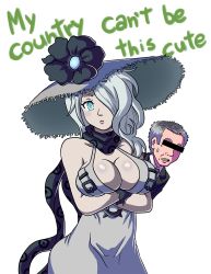Rule 34 | 1boy, 1girl, aqua eyes, black gloves, breasts, can&#039;t be this cute, censored, cleavage, copyright notice, crossed arms, darkyamatoman, dress, gloves, grey hair, hair over one eye, hat, highres, identity censor, kantai collection, large breasts, lee hsien loong, meme, open mouth, ore no imouto ga konna ni kawaii wake ga nai, parody, pout, real life, scarf, seaport summer princess, singapore, teeth, title parody