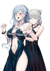 Rule 34 | 2girls, absurdres, ak-12 (girls&#039; frontline), ak-12 (quiet azure) (girls&#039; frontline), alternate costume, an-94 (girls&#039; frontline), an-94 (silent rouge) (girls&#039; frontline), bad id, bad pixiv id, black dress, black gloves, blue eyes, blush, breast envy, grabbing another&#039;s breast, breasts, cleavage, closed mouth, commentary request, dress, earrings, erkisa, girls&#039; frontline, gloves, grabbing, grabbing from behind, grey hair, halter dress, halterneck, highres, huge filesize, jewelry, large breasts, long hair, multiple girls, navel, official alternate costume, open mouth, purple eyes, ring, simple background, sleeveless, sleeveless dress, teeth, white background, yuri