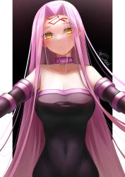 Rule 34 | 1girl, absurdres, aqui2002, bare shoulders, black dress, blush, breasts, cleavage, collar, covered navel, dress, elbow gloves, facial mark, fate/grand order, fate (series), forehead, forehead mark, gloves, highres, large breasts, long hair, looking at viewer, medusa (fate), medusa (rider) (fate), pink eyes, pink hair, purple hair, solo, strapless, strapless dress, very long hair, yellow eyes