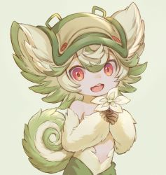 Rule 34 | 1girl, animal ears, choke (amamarin), female focus, flower, green background, green hair, green hat, hat, highres, made in abyss, messy hair, multicolored hair, open mouth, prushka, red eyes, short hair, solo, tail, teeth, topless, upper teeth only, white hair