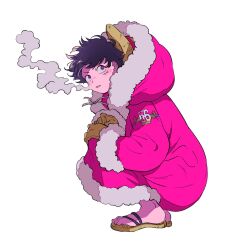 Rule 34 | 1boy, 2t4r 0p, black hair, breath, coat, cold, facial scar, full body, fur coat, gloves, highres, male focus, monkey d. luffy, one piece, red coat, scar, scar on cheek, scar on face, winter clothes, winter coat