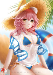 Rule 34 | 10s, 1girl, animal ears, bell, bikini, blue bikini, breasts, chizza, cleavage, collar, day, ears through headwear, fate/extra, fate/grand order, fate (series), fox ears, fox tail, hat, highres, large breasts, long hair, looking at viewer, nature, navel, neck bell, outdoors, palm leaf, pink hair, solo, swimsuit, tail, tamamo (fate), tamamo no mae (fate/extra), tamamo no mae (swimsuit lancer) (fate), tamamo no mae (swimsuit lancer) (second ascension) (fate), yellow eyes