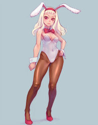 Rule 34 | 1girl, animal ears, blonde hair, detached collar, fake animal ears, fishnets, full body, grey background, leotard, pantyhose, playboy bunny, rabbit ears, red eyes, simple background, solo, standing, weno