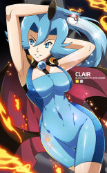 Rule 34 | &gt;:d, 00s, 1990s (style), 1girl, :d, alternate color, arm behind head, armpits, arms up, bare shoulders, between breasts, black cape, black necktie, blue eyes, blue gloves, blue hair, bodysuit, bracelet, breasts, cape, character name, clair (pokemon), cleavage, covered navel, cowboy shot, creatures (company), embers, female focus, fire, flipped hair, game freak, gem, glint, gloves, grin, groin, gym leader, hair between eyes, high ponytail, hip focus, holding, holding poke ball, jewelry, large breasts, long hair, looking to the side, matching hair/eyes, necktie, necktie between breasts, nintendo, open mouth, parted bangs, pearl (gemstone), poke ball, pokemon, pokemon gsc, pokemon hgss, ponytail, retro artstyle, scott bennett, shiny clothes, shiny skin, sidelocks, skin tight, smile, solo, spandex, sparkle, standing, teeth, thigh gap, tight clothes, tsurime, two side up, unitard, v-shaped eyebrows, very long hair, vivivoovoo, wide hips