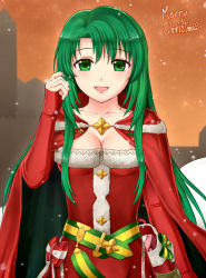 Rule 34 | 1girl, :d, bad id, bad pixiv id, belt, bow, breasts, cape, cecilia (fire emblem), christmas, cleavage, collarbone, detached sleeves, dress, english text, fire emblem, fire emblem: the binding blade, fire emblem heroes, fur trim, green eyes, green hair, hand in own hair, long hair, long sleeves, medium breasts, merry christmas, nintendo, open mouth, outdoors, pazuzu438, ribbon, santa costume, smile, snowing, solo, star (symbol), strapless, strapless dress, twilight, upper body