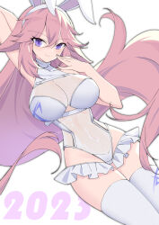 Rule 34 | 1girl, 2023, animal ears, arm behind head, bare arms, bare shoulders, breasts, chinese zodiac, cleavage, closed mouth, cowboy shot, fake animal ears, genshin impact, highres, large breasts, leotard, long hair, pink hair, purple eyes, rx7649, sleeveless, sleeveless turtleneck leotard, smile, solo, thighhighs, very long hair, white leotard, white thighhighs, yae miko, year of the rabbit