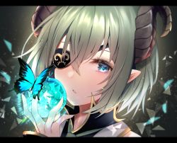 Rule 34 | 1girl, nanashi inc., apple, blue eyes, bug, butterfly, close-up, eyelashes, eyepatch, food, fruit, green hair, green necktie, hair between eyes, honey strap, horns, insect, letterboxed, light particles, looking at viewer, necktie, parted lips, portrait, sekishiro mico, short hair, solo, virtual youtuber, yuyu (yuyuworks)