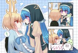 Rule 34 | !, 2girls, ?, ??, absurdres, anger vein, antlers, apron, aqua apron, aqua headwear, blue bow, blue hair, blue shirt, blush, bow, breasts, chinese commentary, closed mouth, commentary request, dress, frilled apron, frills, frown, haniyasushin keiki, head scarf, highres, horns, jewelry, juliet sleeves, kicchou yachie, long hair, long sleeves, magatama, magatama necklace, mask (boring mask), multiple girls, necklace, open mouth, otter spirit (touhou), puffy sleeves, purple eyes, shirt, short hair, slit pupils, small breasts, sos, spoken exclamation mark, sweat, touhou, turtle shell, v-shaped eyebrows, yellow dress