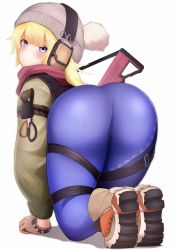 Rule 34 | 1girl, absurdres, all fours, alternate costume, ass, blonde hair, blue eyes, blush, bodysuit, boots, from behind, girls&#039; frontline, hat, highres, huge ass, long hair, looking at viewer, looking back, shiny clothes, solo, vhs (girls&#039; frontline)