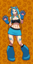 Rule 34 | 1990s (style), 1girl, animal hands, bare shoulders, blonde hair, boots, breasts, cammy white, capcom, cat paws, claws, collarbone, halloween, highres, hood, hoodie, jiggeh, large breasts, midriff, navel, pumpkin, retro artstyle, smile, solo, street fighter, street fighter ii (series), tattoo, twintails