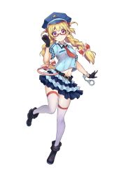 Rule 34 | 1girl, black gloves, blonde hair, braid, cuffs, fujisaki (graphic loops), full body, glasses, gloves, handcuffs, hat, highres, midriff, nakamoto hifumi, navel, necktie, official art, police hat, red-framed eyewear, simple background, solo, thighhighs, toys drive, two side up, white background, white thighhighs