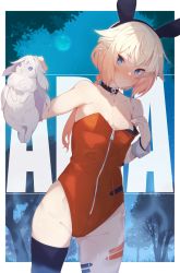 Rule 34 | 1girl, animal, black choker, black thighhighs, blonde hair, blue eyes, blush, braid, breasts, cevio, choker, closed mouth, commentary, cowboy shot, female focus, frown, full moon, hair flaps, holding, holding animal, ia (vocaloid), leotard, long hair, looking at viewer, moon, night, one (cevio), outdoors, outside border, playboy bunny, rabbit, red leotard, single thighhigh, small breasts, solo, standing, star (sky), strapless, strapless leotard, thighhighs, tree, vocaloid, wrist cuffs, zipper, zoruboi