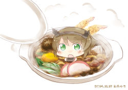 Rule 34 | 10s, 1girl, bad id, bad pixiv id, brown hair, food, green eyes, headgear, hinata yuu, in food, kantai collection, looking at viewer, mutsu (kancolle), nabe, open mouth, short hair, simple background, solo, steam, white background