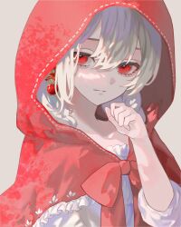 Rule 34 | 1girl, braid, capelet, earrings, expressionless, frilled capelet, frills, highres, hood, hood up, jewelry, little red riding hood, little red riding hood (grimm), looking to the side, original, red eyes, solo, twin braids, upper body, white hair, yoruirooo777