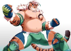Rule 34 | 1boy, ahoge, animal ears, bara, beard, belly, blue eyes, blush, bulge, clenched hands, facial hair, feet out of frame, forked eyebrows, full beard, furry, furry male, grin, hazama jin, hombre tigre (housamo), large pectorals, looking at viewer, male focus, muscular, muscular male, navel, nipples, pectorals, short hair, smile, solo, spread legs, standing, stomach, strongman waist, thick beard, thick eyebrows, thick thighs, thighs, tiger boy, tiger ears, tokyo houkago summoners, topless male, white hair, wrestling outfit