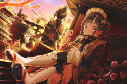 Rule 34 | 2girls, aiuabo, apron, architecture, back bow, black eyes, black hair, black legwear, bow, commentary request, crossed legs, east asian architecture, expressionless, floral print, flower, frilled apron, frills, gloves, gun, hair ribbon, highres, holding, holding gun, holding weapon, japanese clothes, lantern, layered legwear, long sleeves, looking at viewer, maid, maid headdress, mamemaki, multiple girls, original, outdoors, pagoda, paper lantern, plum blossoms, ponytail, red gloves, ribbon, sandals, setsubun, sidelocks, single glove, sitting, standing, tabi, thighhighs, twilight, twintails, wa maid, weapon, white legwear, wide sleeves
