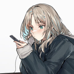 Rule 34 | 1girl, an-94 (girls&#039; frontline), aqua eyes, blonde hair, blush, cable, cellphone, coat, fur-trimmed coat, fur trim, girls&#039; frontline, grey background, highres, holding, holding phone, hood, hood down, long hair, long sleeves, looking at phone, nishiro ryoujin, phone, simple background, smartphone, solo, upper body