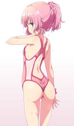 Rule 34 | 1girl, aqua eyes, ass, breasts, chiyoda momo, competition swimsuit, female focus, from behind, gradient background, hair ornament, hair scrunchie, highres, looking at viewer, machikado mazoku, mel (melty pot), one-piece swimsuit, pink background, pink hair, pink theme, ponytail, scrunchie, short hair, sideboob, small breasts, solo, standing, striped clothes, striped scrunchie, swimsuit, wet, wet hair, white background