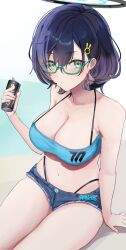 Rule 34 | 1girl, aqua-framed eyewear, arm support, bandeau, bare arms, bare shoulders, bikini, blue archive, blue bikini, cafenami, can, chihiro (blue archive), commentary request, denim, denim shorts, glasses, green eyes, halterneck, hand up, highres, holding, holding can, looking at viewer, micro shorts, navel, purple hair, short hair, shorts, sitting, solo, stomach, swimsuit, thighs