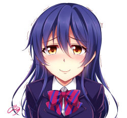 Rule 34 | 1girl, blue hair, bow, bowtie, commentary request, hair between eyes, long hair, looking at viewer, love live!, love live! school idol project, otonokizaka school uniform, red bow, red bowtie, school uniform, simple background, smile, solo, sonoda umi, striped bow, striped bowtie, striped clothes, striped neckwear, tears, trembling, upper body, white background, windart