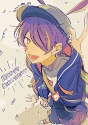 Rule 34 | 1boy, absurdres, animal ears, bandaid, bandaid on face, baseball cap, blonde hair, commentary request, confetti, dated, ensemble stars!, full body, hair over one eye, happy birthday, hat, highres, long sleeves, looking at viewer, lower teeth only, male focus, multicolored hair, ninomiya (t 238 t), official alternate costume, one eye covered, open mouth, orange eyes, purple hair, sengoku shinobu, short hair, solo, star (symbol), streaked hair, tail, teeth, two-tone hair