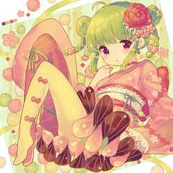 Rule 34 | 1girl, :o, absurdres, ahoge, asymmetrical legwear, blush, bow, braid, breasts, commentary request, double bun, flower, full body, green background, green hair, hair bun, hair flower, hair ornament, hand up, highres, ikari (aor3507), japanese clothes, kimono, kimono skirt, knees up, long sleeves, looking at viewer, mismatched legwear, no shoes, obi, original, panties, parted lips, pink flower, pink kimono, red bow, red eyes, red flower, red legwear, sash, side bun, sidelocks, small breasts, solo, twin braids, two-tone background, underwear, white background, yellow legwear