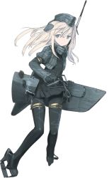 Rule 34 | 10s, 1girl, blonde hair, clothes writing, full body, garrison cap, hair ornament, hat, kantai collection, long hair, looking at viewer, machinery, military, military uniform, official art, pale skin, puffy sleeves, shimada fumikane, solo, thighhighs, transparent background, u-511 (kancolle), uniform