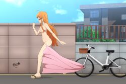 Rule 34 | absurdres, ahoge, aleuz91, ass, bicycle, blush, breasts, building, closed eyes, closed mouth, collarbone, commission, completely nude, fence, from side, full body, glasses, highres, long hair, navel, nipples, nude, orange hair, outdoors, persona, persona 5, pink towel, road, sakura futaba, sandals, sky, small breasts, smile, standing, stone wall, street, thighs, toes, towel, very long hair, wall, wardrobe malfunction