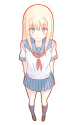 Rule 34 | 1girl, arms behind back, black socks, blonde hair, blue skirt, blush, brown footwear, closed mouth, collarbone, eyebrows, foreshortening, from above, full body, green eyes, kneehighs, kyou no asuka show, kyouno asuka, legs apart, loafers, looking at viewer, looking up, makoto (bk69and7), neckerchief, outline, pleated skirt, school uniform, serafuku, shirt, shoes, short sleeves, simple background, skirt, smile, socks, solo, tareme, white background, white shirt