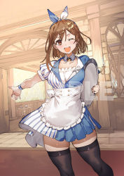 Rule 34 | 1girl, ;d, apron, atelier (series), atelier ryza, black thighhighs, blue dress, brown hair, carpet, collaboration, collarbone, dangle earrings, dark skin, detached collar, dress, earrings, hair between eyes, hair ornament, hairband, hairclip, highres, holding, holding tray, image sample, jewelry, lawson, looking at viewer, maid, maid apron, official art, one eye closed, open mouth, outstretched arm, reisalin stout, sample watermark, short sleeves, single earring, skindentation, smile, solo, teeth, thighhighs, thighs, toridamono, tray, two-tone dress, upper teeth only, watermark, white dress, wristband