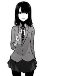 Rule 34 | 1girl, black hair, blazer, bottle, commentary, cowboy shot, fingernails, greyscale, highres, holding, holding bottle, jacket, long hair, looking at viewer, monochrome, original, pantyhose, poaro, school uniform, scowl, simple background, skirt, solo, tongue, tongue out, translation request, white background
