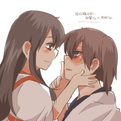 Rule 34 | 10s, 2girls, akagi (kancolle), bad id, bad twitter id, black eyes, brown hair, dated, eye contact, hands on another&#039;s face, kaga (kancolle), kantai collection, long hair, looking at another, lowres, multiple girls, open mouth, rebecca (keinelove), short hair, side ponytail, smile