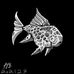 Rule 34 | abstract, animal, animal focus, artist name, black background, dated, fish, full body, greyscale, haembokeyo, monochrome, no humans, original, signature, simple background