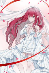 Rule 34 | 1girl, absurdres, baobhan sith (fate), bare shoulders, breasts, bride, cleavage, detached sleeves, dress, falling petals, fate/grand order, fate (series), feet out of frame, frilled dress, frilled thighhighs, frills, garter straps, gradient background, grey eyes, hand on own chest, high-low skirt, highres, le memory, long hair, looking at viewer, medium breasts, parted lips, petals, pink background, pink hair, pointy ears, sidelocks, smile, solo, thighhighs, wedding dress, white dress, white thighhighs, white veil