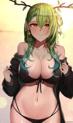 Rule 34 | 1girl, antlers, bare shoulders, bikini, black bikini, black jacket, blush, braid, braided bangs, breasts, ceres fauna, cleavage, closed mouth, collarbone, flower, front-tie bikini top, front-tie top, green hair, hair flower, hair ornament, highres, hololive, hololive english, horns, jacket, kotodekun, large breasts, long hair, looking at viewer, mole, mole under eye, multicolored hair, multiple girls, navel, off shoulder, smile, solo, swimsuit, virtual youtuber, yellow eyes
