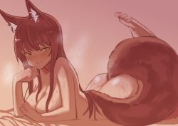 Rule 34 | 1girl, animal ear fluff, animal ears, arknights, ass, barefoot, blush, breasts, brown hair, cleavage, clenched hand, closed mouth, commentary, completely nude, covering privates, covering breasts, foot out of frame, fox ears, fox girl, fox tail, franka (arknights), gradient background, konigstigerchan, leg up, long hair, looking at viewer, lying, medium breasts, nude, on stomach, orange eyes, pink background, simple background, smile, solo, steaming body, sweat, tail