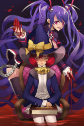 Rule 34 | 2girls, blood, book, chain, chair, dalraeya, closed eyes, hat, long hair, lowres, multiple girls, pink eyes, pool of blood, purple hair, reading witch, red hair, short hair, sitting, sword girls, thighhighs, twintails, undertaker (sword girls), witch, witch hat
