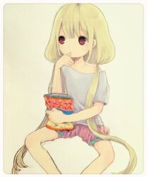 Rule 34 | 1girl, blonde hair, brown eyes, chips (food), comeco, expressionless, food, futaba anzu, idolmaster, idolmaster cinderella girls, long hair, looking to the side, low twintails, shirt, shorts, single bare shoulder, sitting, solo, t-shirt, twintails, very long hair
