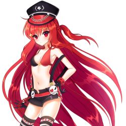 Rule 34 | 1girl, alternate costume, bad id, bad pixiv id, bikini, bikini top only, braid, chain, elesis (elsword), elsword, expressionless, gloves, half updo, haruya (lajoon), hat, long hair, midriff, navel, red eyes, red hair, short shorts, shorts, solo, standing, striped clothes, striped thighhighs, suspenders, swimsuit, thighhighs, very long hair, white background