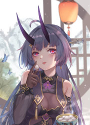 Rule 34 | 1girl, ahoge, bare shoulders, blush, breasts, bug, butterfly, china dress, chinese clothes, cleavage, detached sleeves, dress, food, gloves, hair intakes, hair ornament, hairpin, highres, holding, holding food, honkai (series), honkai impact 3rd, horns, indoors, insect, lantern, long hair, looking at viewer, medium breasts, official alternate costume, oni horns, purple eyes, purple hair, raiden mei, raiden mei (herrscher of thunder), solo, tongue, tongue out, upper body, yelan xing xuan