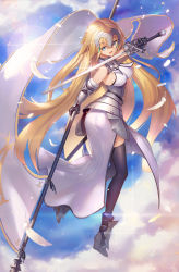 Rule 34 | armor, blonde hair, blush, circlet, day, fate/grand order, fate (series), hair between eyes, highres, jeanne d&#039;arc (fate), jeanne d&#039;arc (ruler) (fate), jeanne d&#039;arc (third ascension) (fate), long hair, md5 mismatch, polearm, resolution mismatch, skindentation, sky, source smaller, thighhighs, thighs, warrior, weapon, yellow eyes